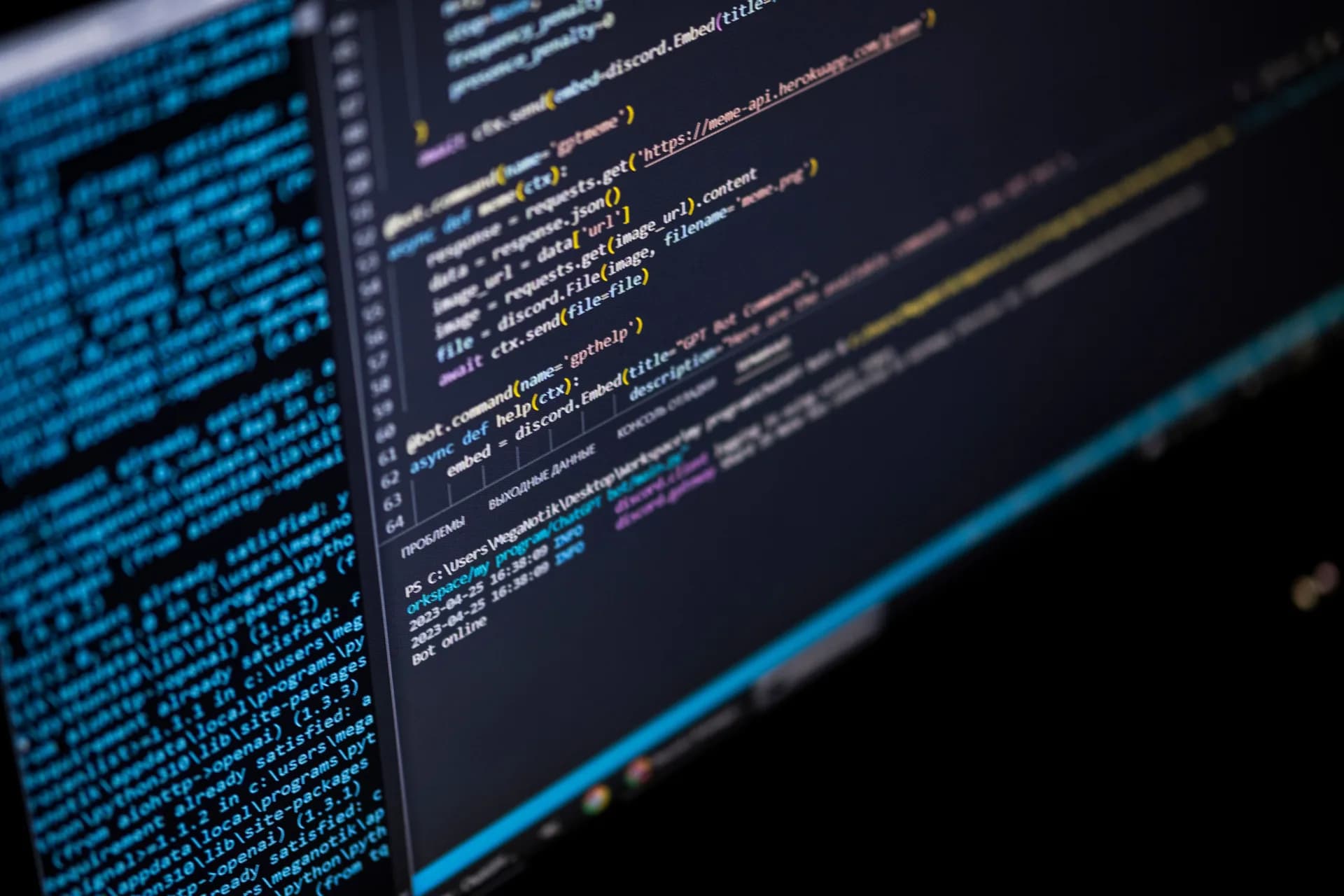 Software source code and terminal output on a computer screen