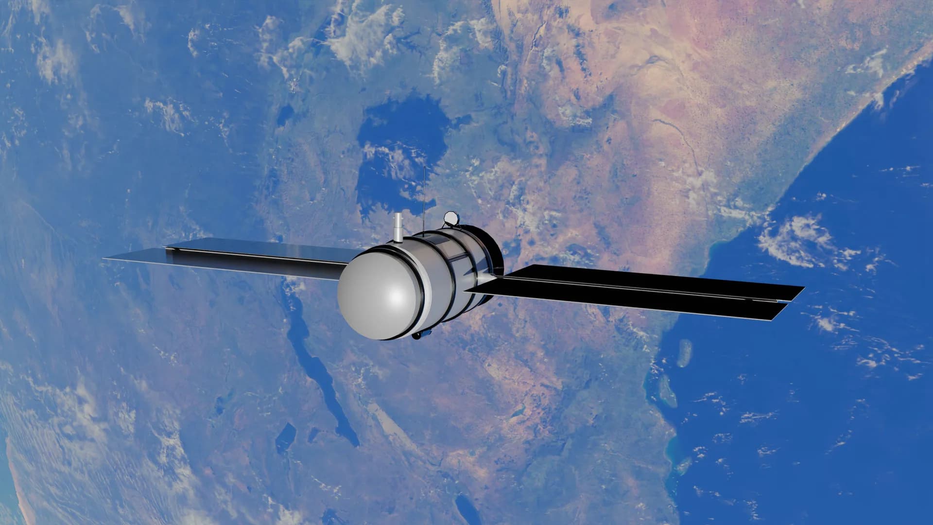 Illustration of a satellite with extended solar panels above Earth